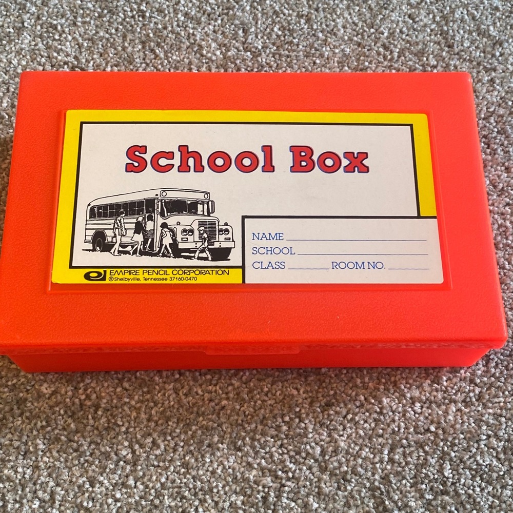 Vintage Empire Pencil Corp Orange School Box Plastic Bus Graphic Made in USA